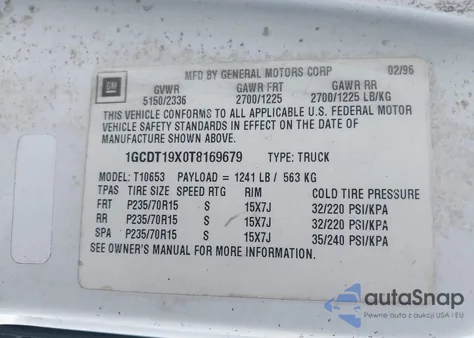 1996 Chevrolet S Truck S10 z USA, uszkodzony, nr VIN 1GCDT19X0T8169679